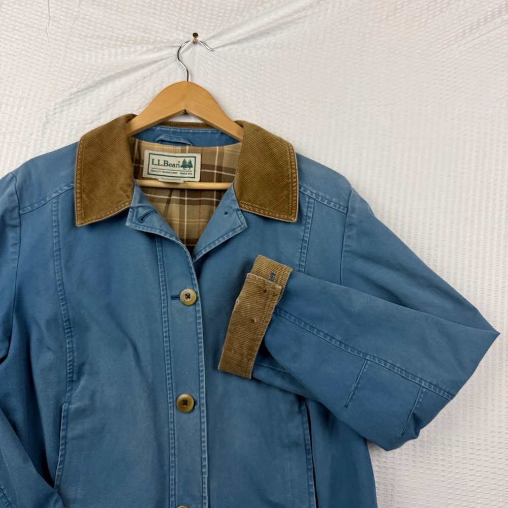 VTG 90s LL Bean Field Coat Faded Blue Corduroy Trim Utility Jacket Size L